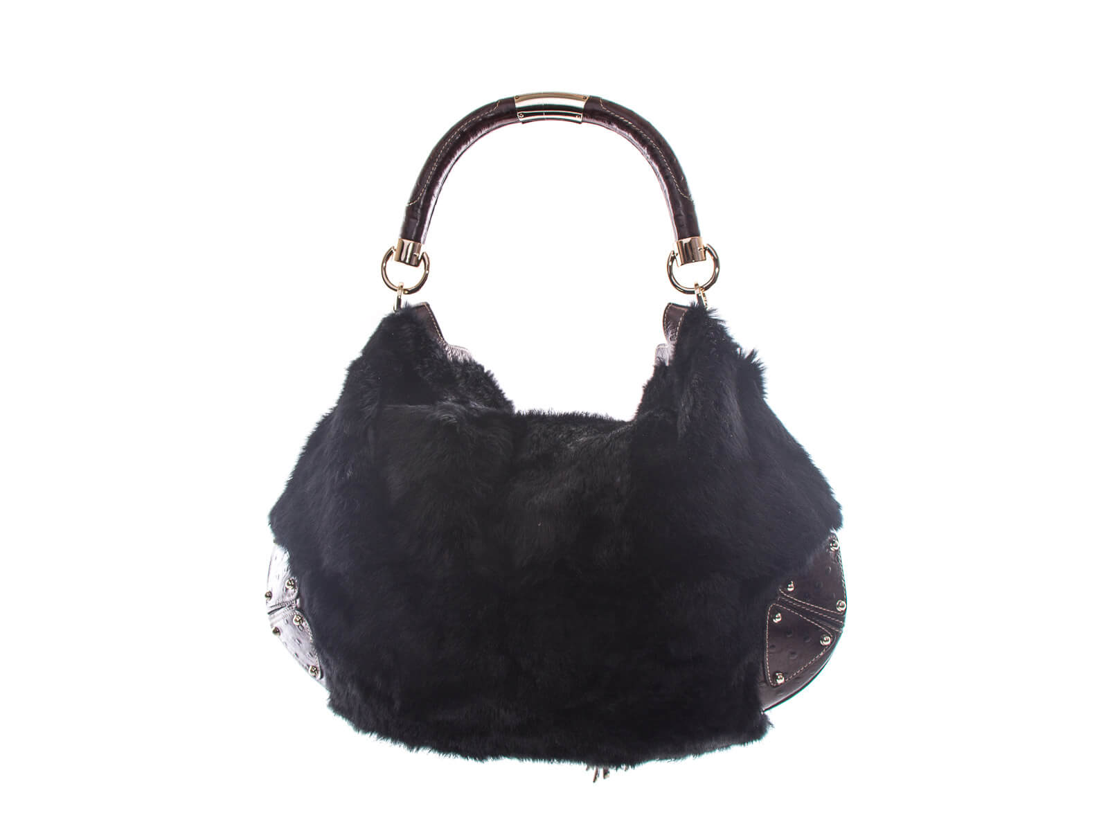 Authentic Gucci Black Fur Brown ostrich leather Indy Hobo bag | Connect ...