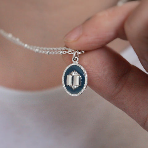 Recycled Silver Illuminated Open Book Charm Necklace with Grey Enamel and Engraved Back