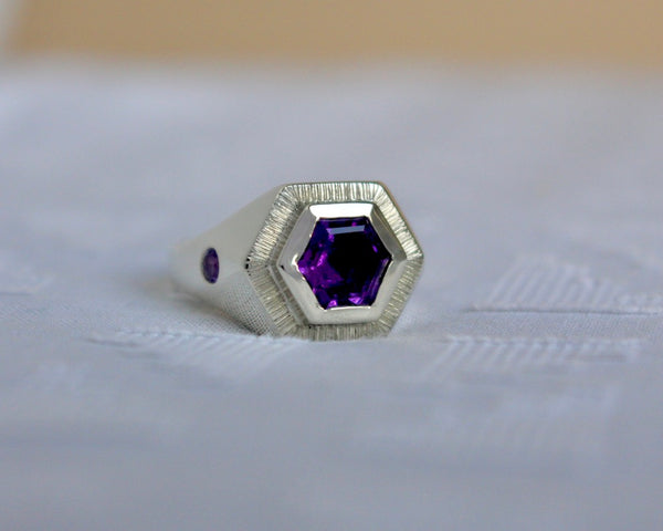 Amethyst Hexagon Stone Mourning Ring with Amethyst Set Band and Hand Engraved Halo