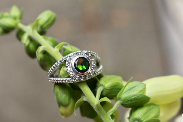 round black opal and salt pepper diamond silver engagement ring