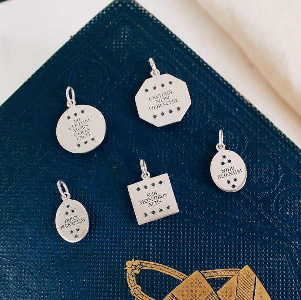 Silver Pendants with Memento Mori and Good Luck Latin Mottos, engraved with star details