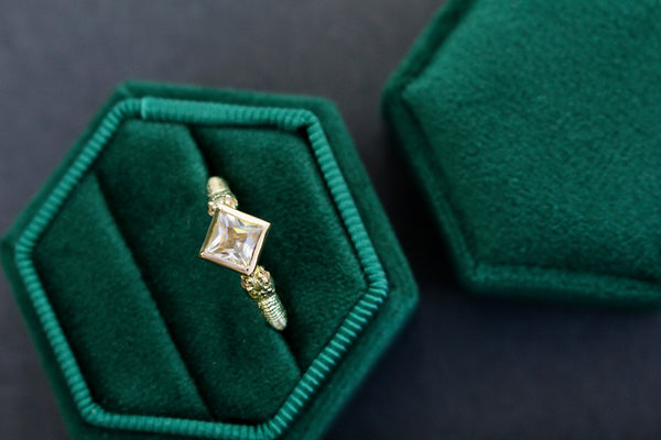 Yellow Gold Engagement Wedding Ring in Green Velvet Wedding Ceremony Proposal Box