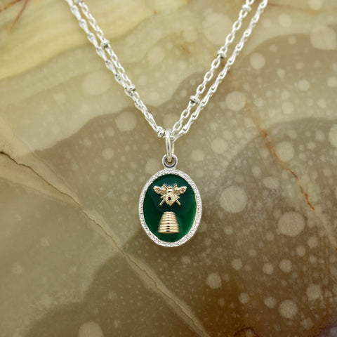 Silver Oval Pendant with Green Enamel and 9k Yellow Gold Bee and Hive symbols. Includes Bead and Foxtail Fancy Chain 18-20 inches