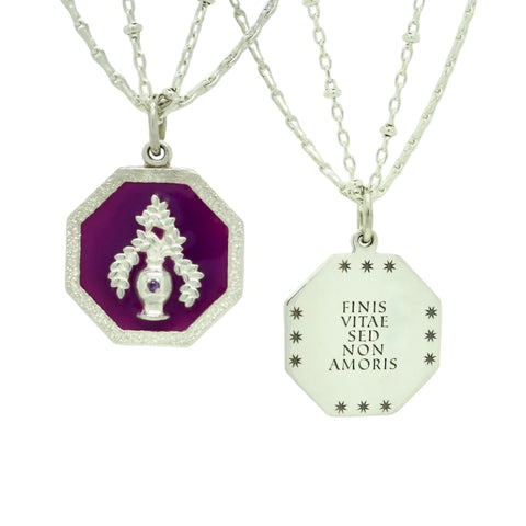 Finis Vitae Sed Non Amoris - The End Of Life, But Not Of Love Silver Hexagon and Pink Enamel Engraved Necklace with Leafy Urn Vase Charm