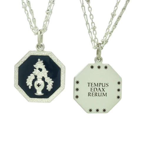 Tempus Edax Rerum - Time Devourer Of All Things Engraved Latin Motto Necklace with Dark Blue Enamel, Silver Vase, Leaves, and Sapphire Gemstone