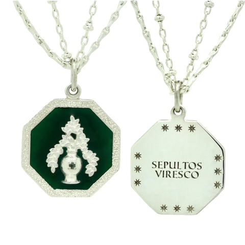 Sepultos Viresco - I Grow Green When Buried Latin Motto and Star Engraved Enamel Necklace 