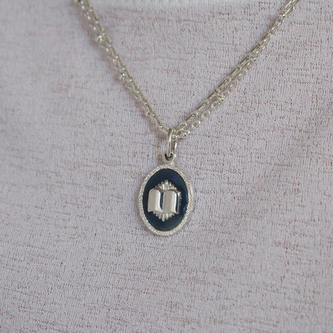 Silver Delicate Book Symbol Charm Necklace with Enamel and Secret Engraving