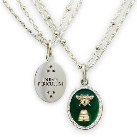 Dulce Periculum - Sweet Danger  Engraved Motto Necklace with Green Enamel and Bee and Hive Silver Symbol Motif