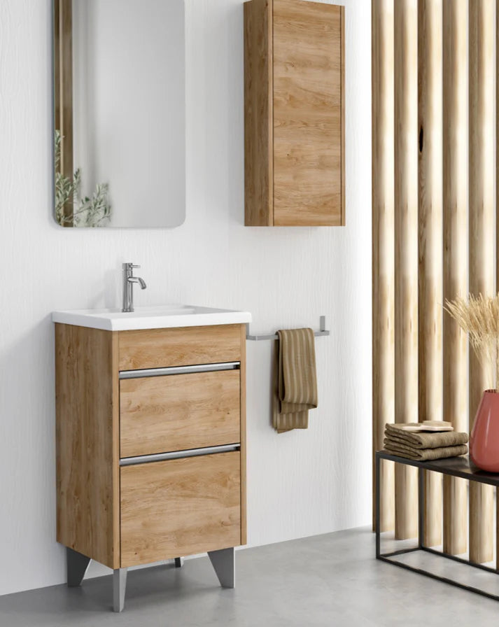 Mueble de baño Berna al suelo con lavabo cerámico y cajones en roble natural