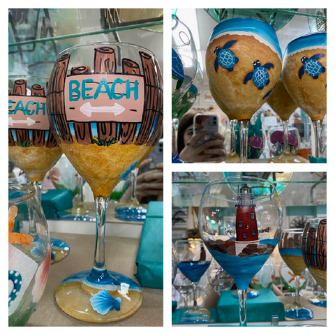 Hand Painted Wine Glasses Available at Treasures in Lewes