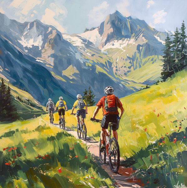 mountain bike riders touring through mountains on a singletrack trail