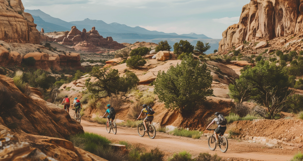 mountain bikers riding through the desert