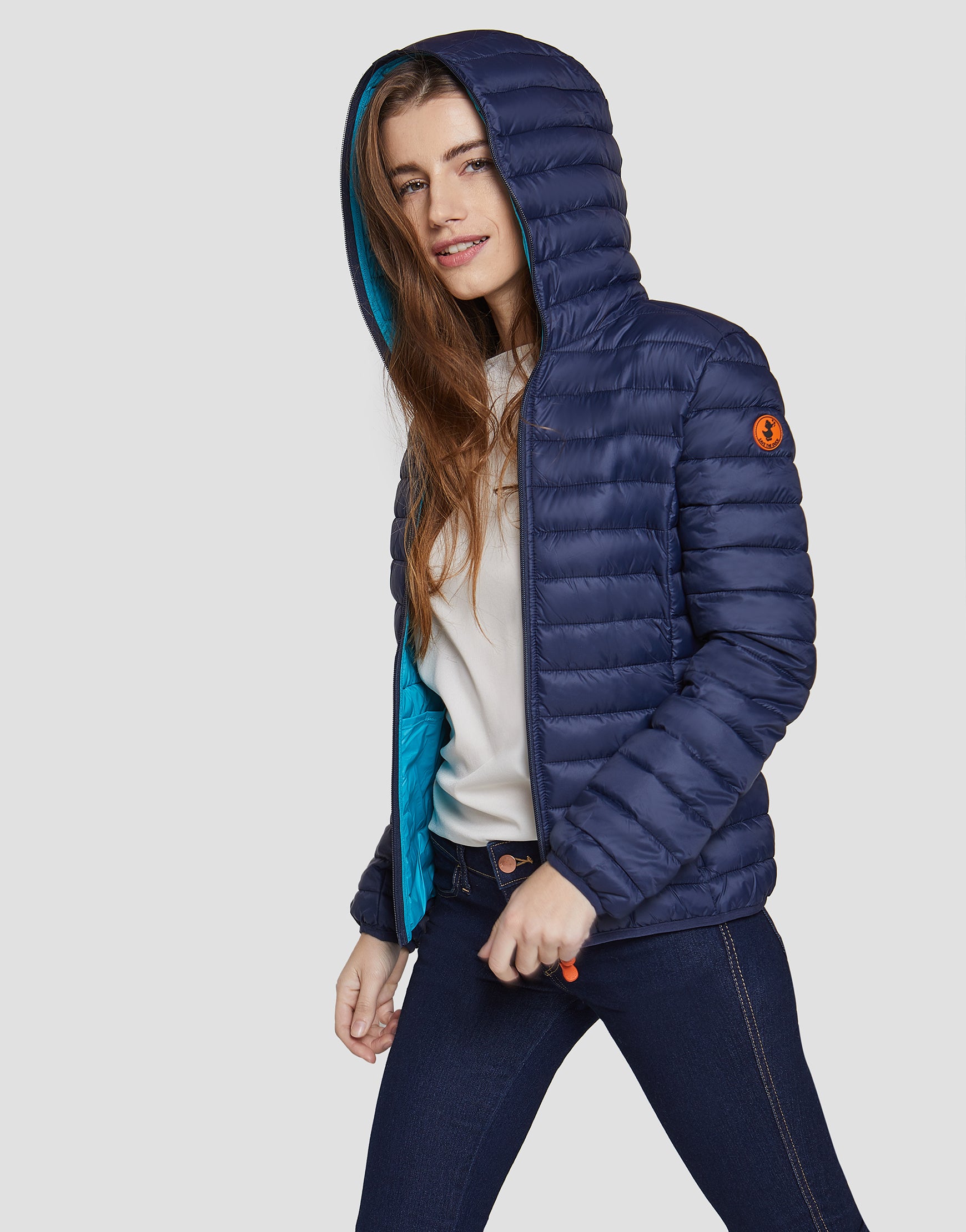 navy blue puffer jacket with hood