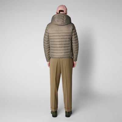 Model Back View of Men's Nathan Faux Fur Lined Hooded Puffer Jacket in Elephant Grey