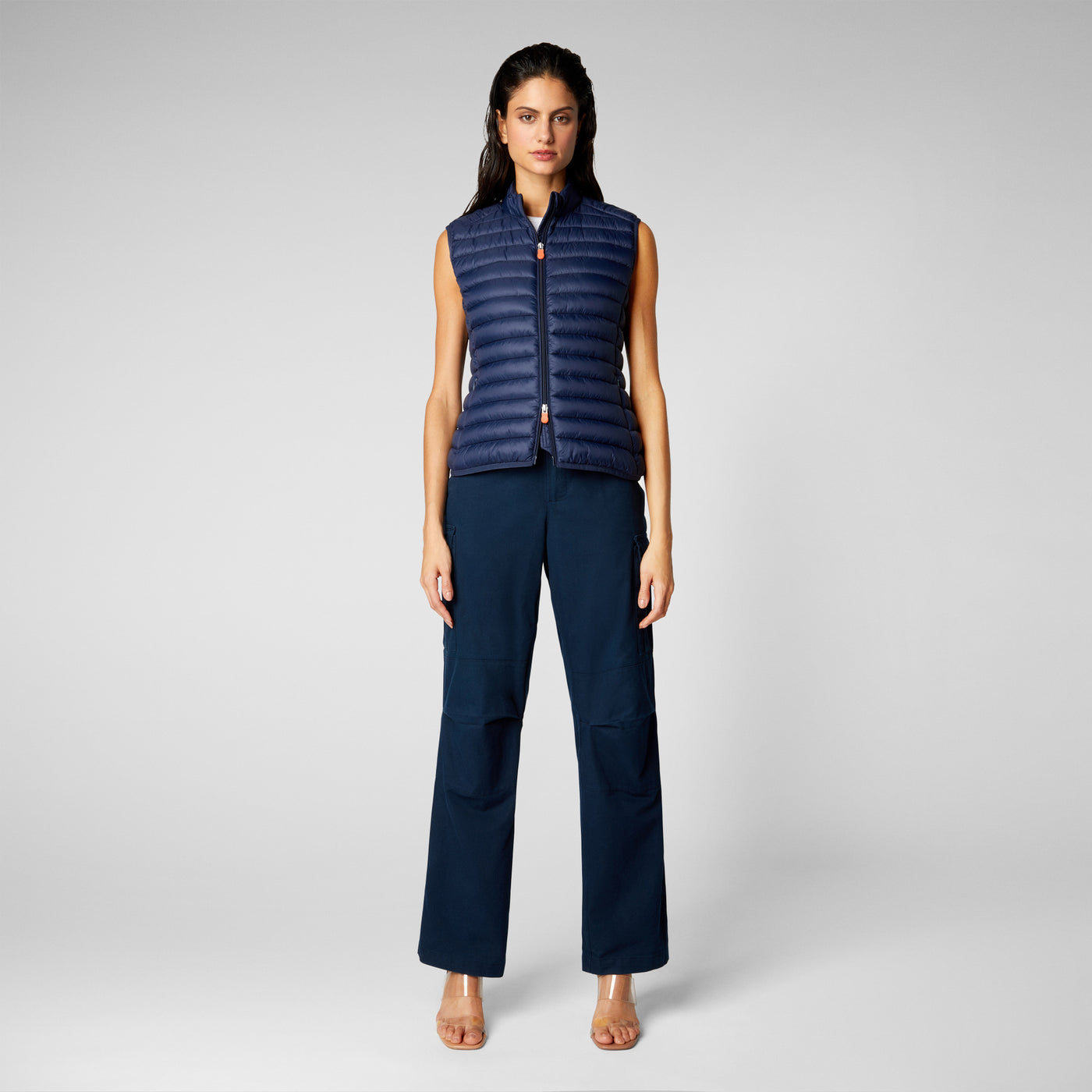 Model Front View of ANITA: Women's Quilted Puffer Vest In Navy Blue