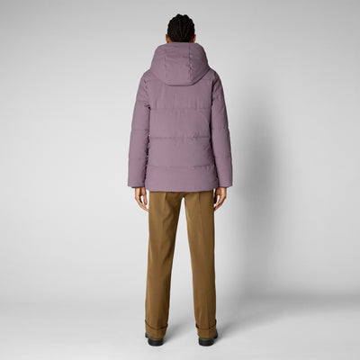 Model Back View Women's Bessie Faux Fur Lined Hooded Parka in Ash Violet
