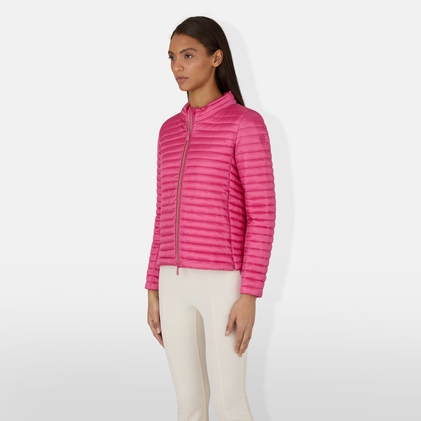 Model Side View of Women's Alice Puffer Jacket in Gem Pink