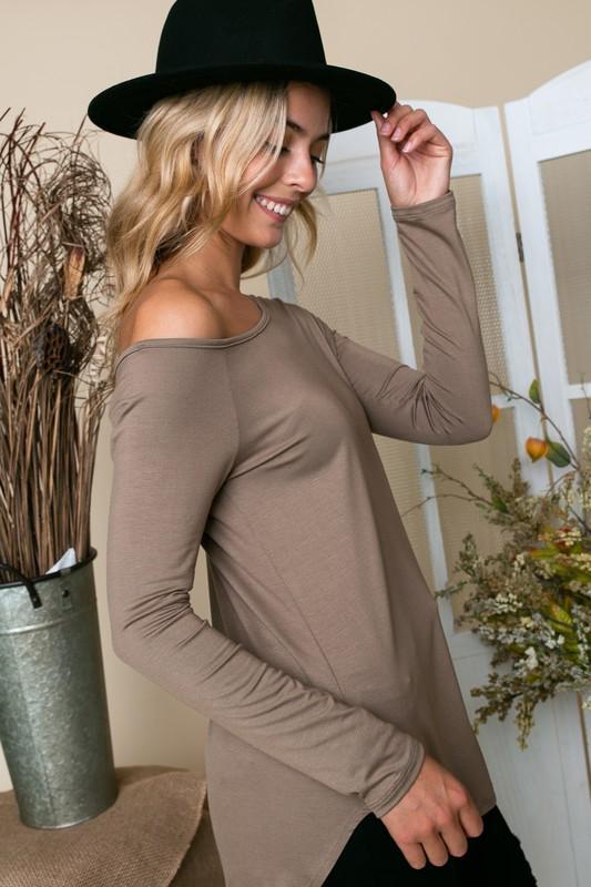 Womans off shoulder long sleeve dolman top in taupe side view
