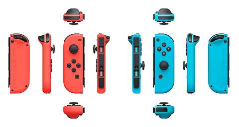 nintendo switch with neon blue and red controllers