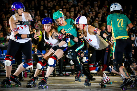 Action shot from the Roller Derby World Cup final in 2018