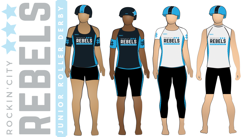 Rockin City Rollergirls Juniors Rebels Uniform Collection | Custom roller derby uniforms by Frogmouth
