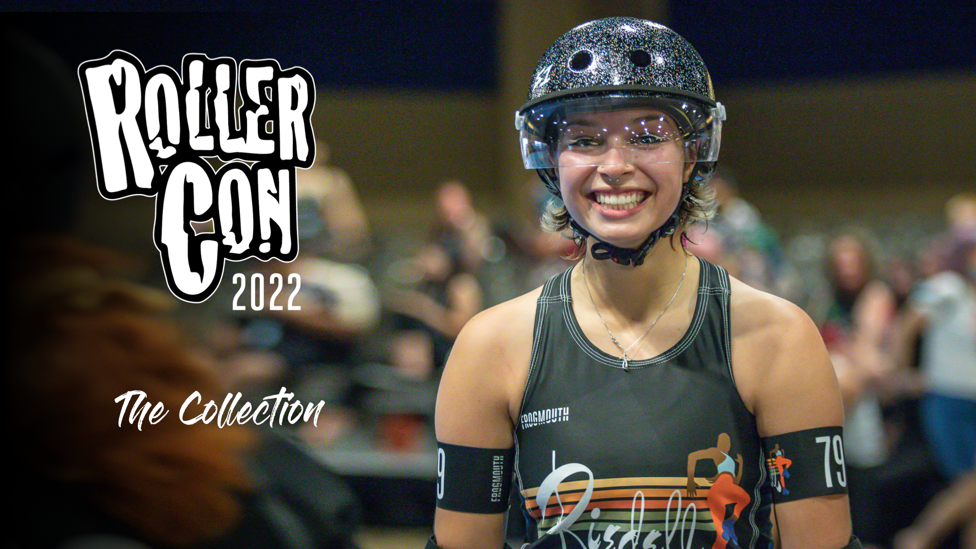 Color picture showing the skater Lil RegulateHer in a Team Riedell jersey, smiling, beside a RollerCon 2002 The Collection graphic