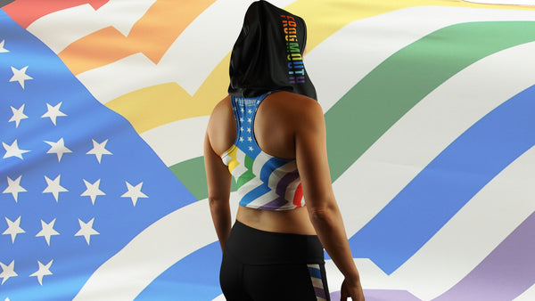 Frogmouth Clothing Stars and Pride US Flag plus Pride Flag Gay Flag crop top hoodie with match booty shorts and pants