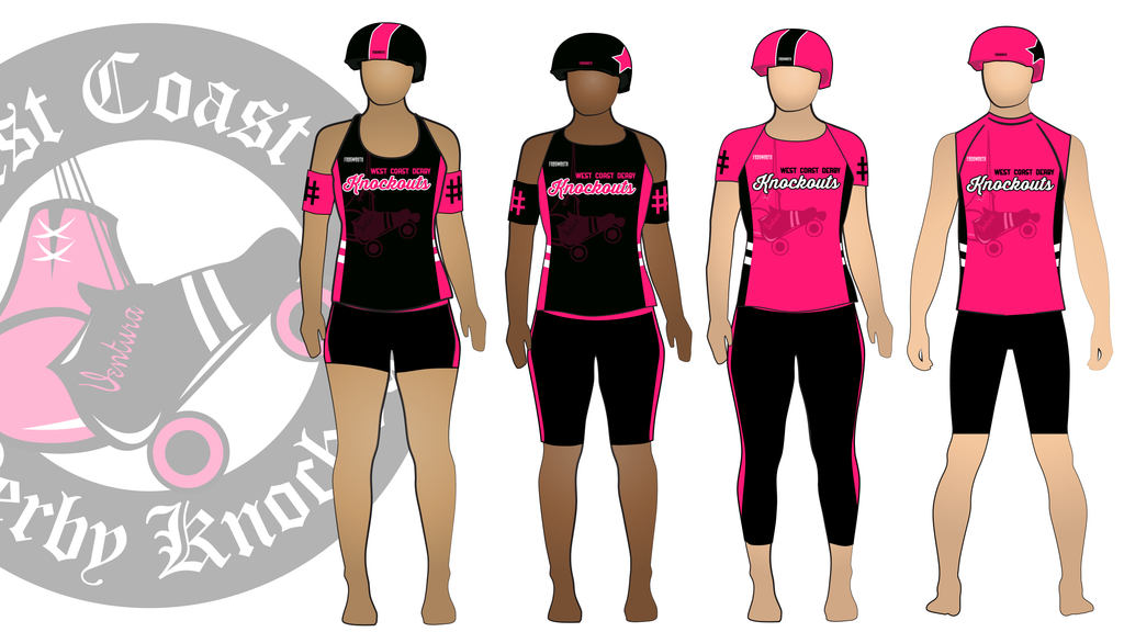 West Coast Derby Knockouts Uniform Collection | custom roller derby uniforms by Frogmouth