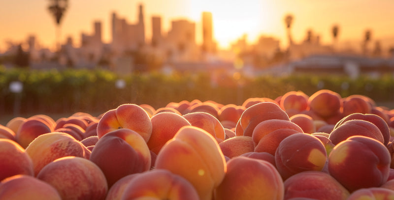 An image of freshly harvested peaches in the organic orchard near Los Angeles.