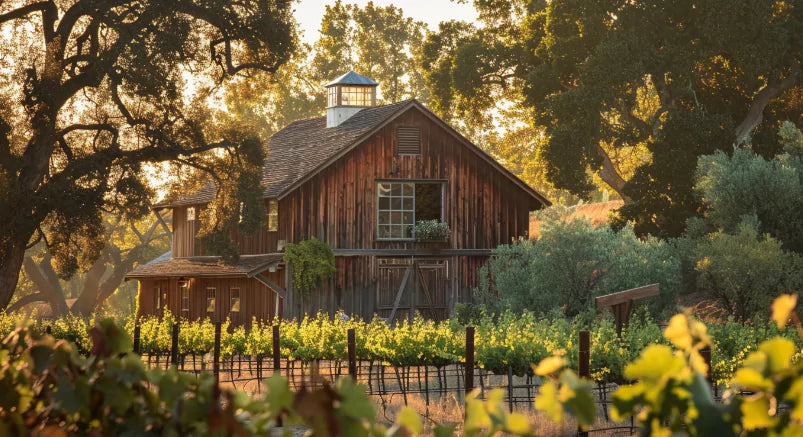 An image of a rustic barn and vineyards at Bloom Ranch, a sanctuary for health and sustainability.