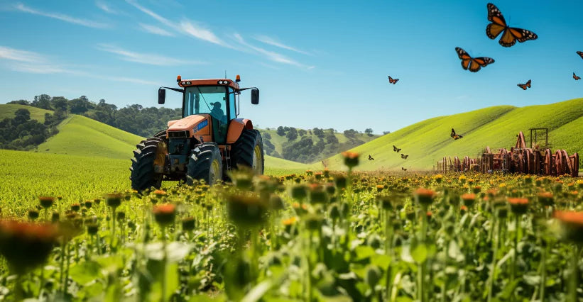 An image of a tractor in a blooming field with butterflies at Bloom Ranch, a sanctuary for health and sustainability.