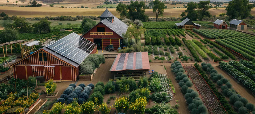 Image showing a farm ranch with solar panels on barn roofs, and fields with various crops.