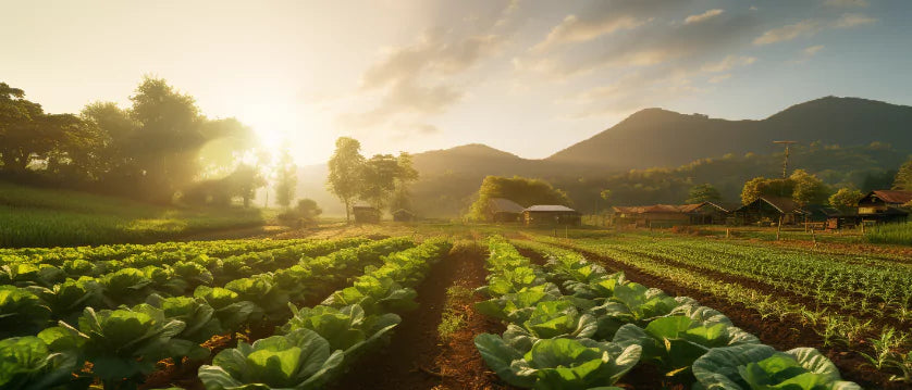 View of  a lush green produced by practicing sustainable organic farming, with rows of crops under a beautiful sunrise.