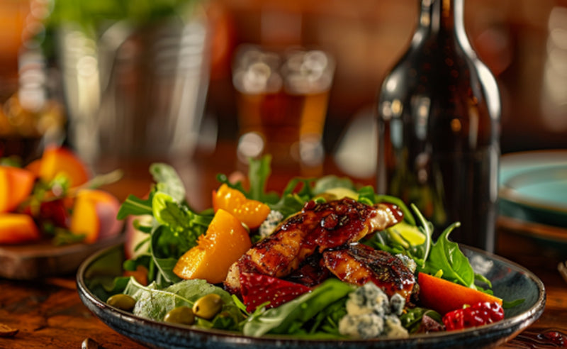 Image of salad bowl with fresh organic peach balsamic vinaigrette salad dressing