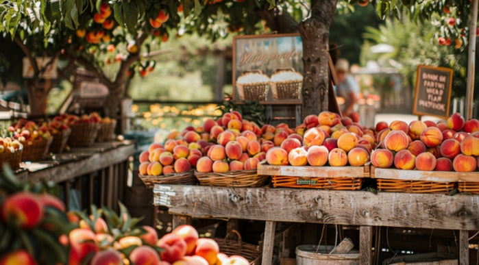 An image of top-rated fresh peaches near Los Angeles at a local farmers' market stand.