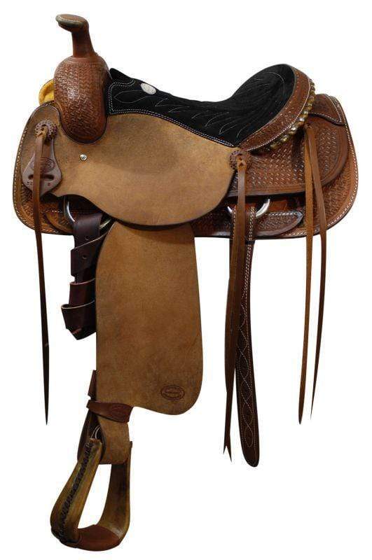 16 Basketweave tooled Buffalo roper style highback hardseat saddle.