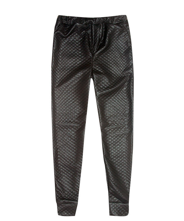 Vegan Leather Quilted Joggers - Black