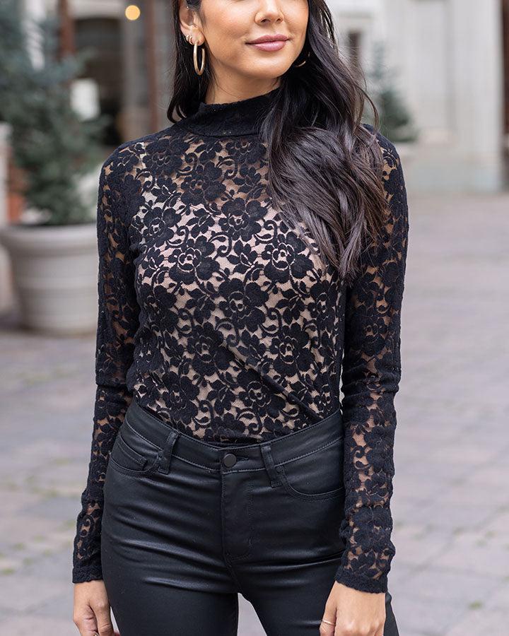 High Neck Lace Top, Black