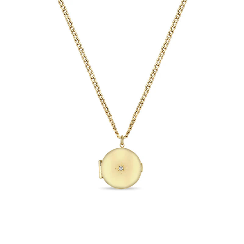 14K Round Star Set Diamond Locket on Box Chain