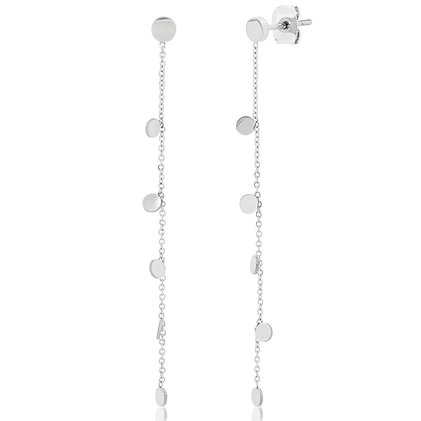 Chain Dangle Earrings with Circular Disk Charms, Silver