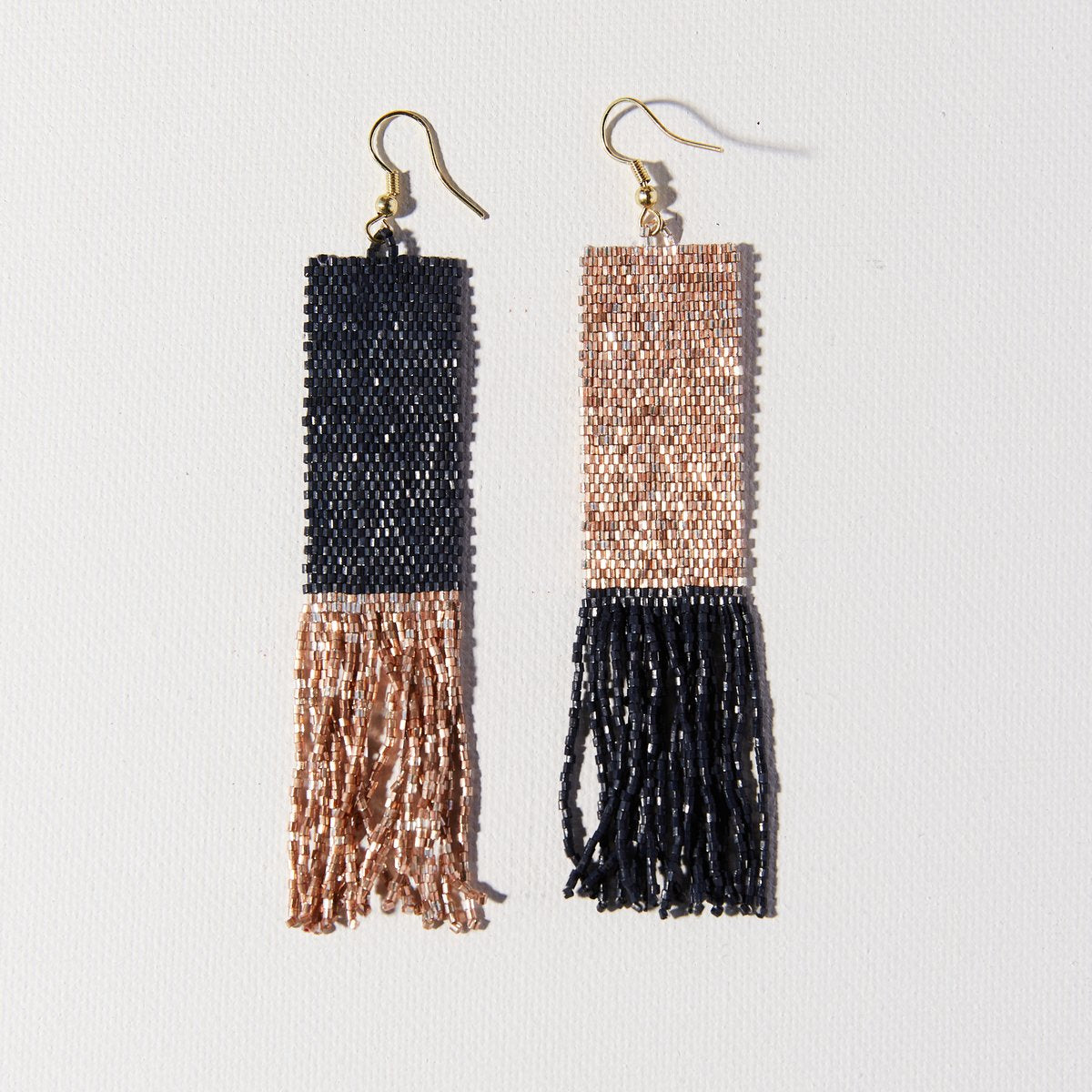 Rose Gold Navy Mirror Image Long Fringe Earring