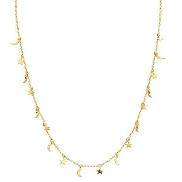 Moon and Star Charm Necklace, Gold