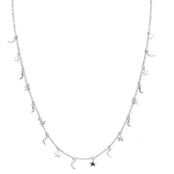 Moon and Star Charm Necklace, Silver