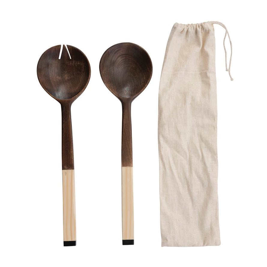 Mango and Pine Wood Salad Servers, Set of 2 in Drawstring Bag
