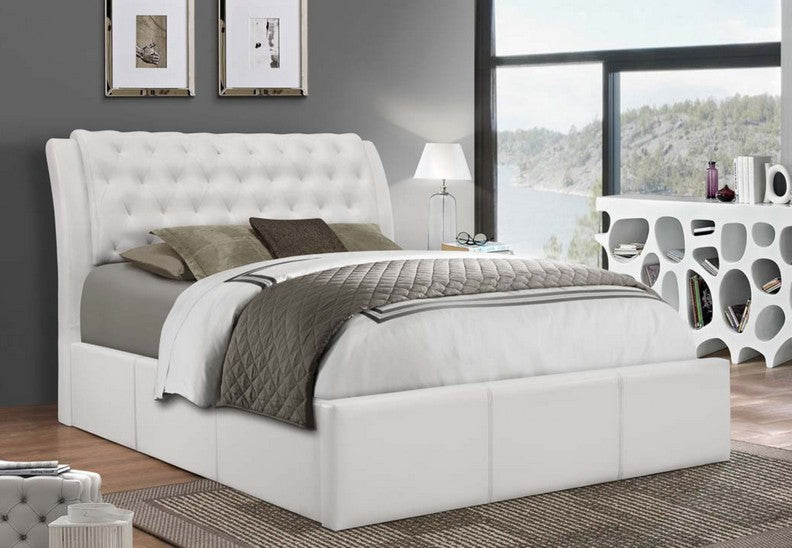 white leather king size bed with mattress