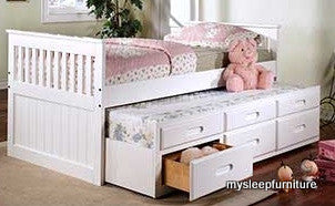 314w Twin Size White Color Wood Captain Bed With Trundle And