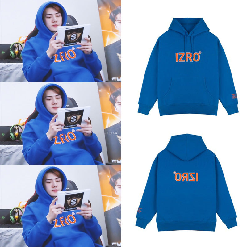 a blue hoodie