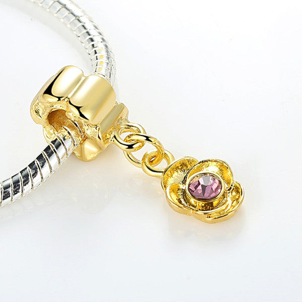 Classic 14k Gold Plated Charm Pendant with Purple Crystal Fit Pandora Bracelet Necklace