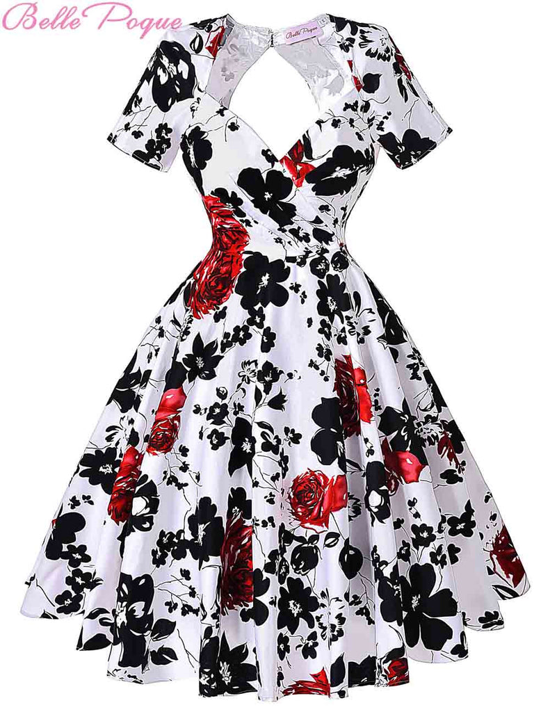 Short Sleeve Floral Print 50s Vintage Dresses Retro Swing Pinup Dance ...