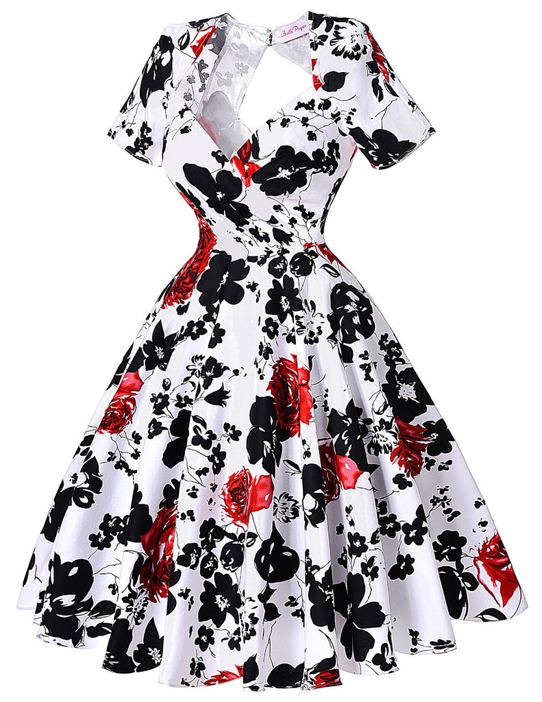 Short Sleeve Floral Print 50s Vintage Dresses Retro Swing Pinup Dance ...